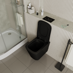 Унитаз D&K Berlin 34х49х35 см, подвесной, цвет черный, санфарфор, прямоугольный, горизонтальный (прямой) выпуск, под скрытый бачок/инсталляцию, безободковый, с сиденьем микролифт, для туалета/ванной комнаты