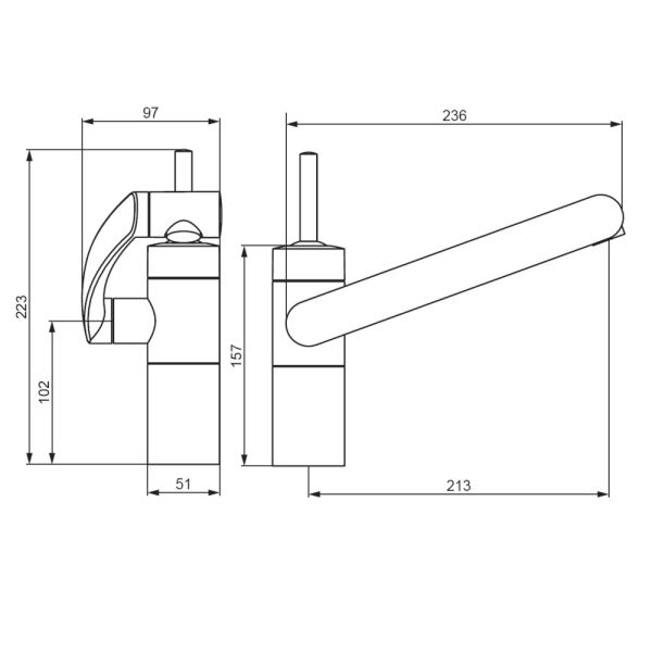 Смеситель для раковины/умывальника Damixa Arc, однорычажный, поворотный, керамический, длина излива 213 мм, латунь, цвет никель