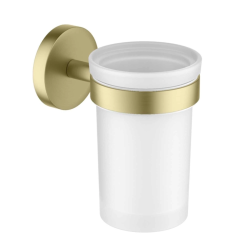 Стакан с держателем Aquatek Европа настенный, латунь/стекло/нержавеющая сталь, округлый, для душа/ванны/зубных щеток, в ванную комнату, цвет шлифованное золото
