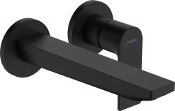 Смеситель для раковины Hansgrohe Rebris E, скрытого монтажа, настенный, однорычажный, фиксированный излив, длина 19,5 см, керамический, латунь, цвет матовый черный, незапираемый сливной набор