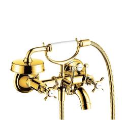 Смеситель для ванны Axor Montreux, двухвентильный, с крестообразными рукоятками, настенный, наружнего/внешнего монтажа, неповоротный, латунный, длина излива 22,4 см, керамический, цвет полированное золото, с душевым шлангом/лейкой/держателем для душа