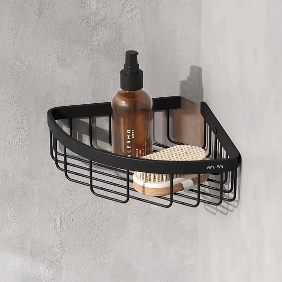 Полка-корзина AM.PM Sense L, одинарная, настенная, нержавеющая сталь, форма четверть круга, цвет: черный матовый