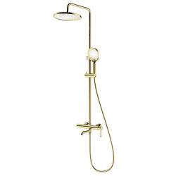 Душевая система Splenka S03.24.23 высота 630-1280 мм цвет золото, комплект: однорычажный смеситель/излив/тропический душ круглый (с верхней лейкой)/лейка/стойка/шланг, латунь