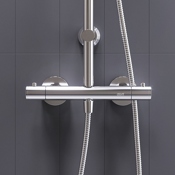 Душевая система Dorff Futura, высота 810-1130 мм, цвет хром, комплект: термостатический смеситель/тропический душ (с верхней лейкой)/стойка/лейка/шланг, латунь/пластик/нержавеющая сталь