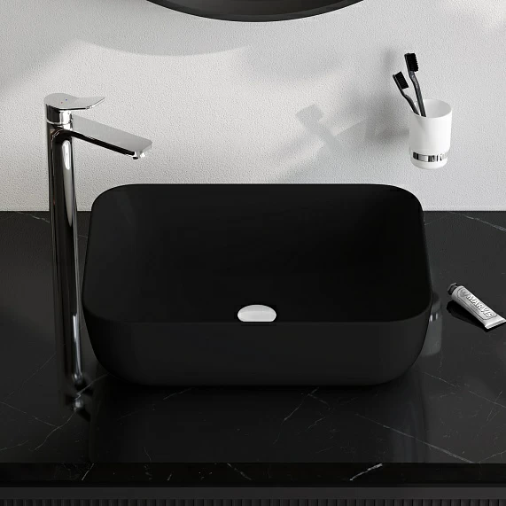 Раковина накладная 51 AM.PM Func 510х135х405 мм фарфоровая, прямоугольная, цвет черный матовый, без отверстия под смеситель, без слив-перелива