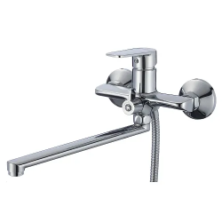 Смеситель для ванны/душа Aquanika Basic, однорычажный, настенный, керамический, поворотный, с длинным изливом 330 мм, латунь, цвет хром, для ванной