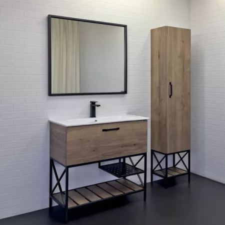 Тумба с раковиной Comforty Бредфорд 90, 91х87х46,5 см, напольная, 1 выдвижной ящик/открытые полки, ЛДСП/сталь, прямоугольная, цвет- дуб темный/раковина COMFORTY 90E, прямоугольная, цвет белый, встраиваемая