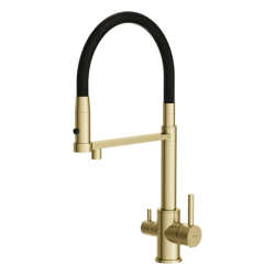 Смеситель для кухни/мойки Cersanit Zen с подключением фильтра, однорычажный, поворотный/гибкий, керамический, излив 227 мм, высота излива 266 мм латунь/силикон, цвет золотой/черный
