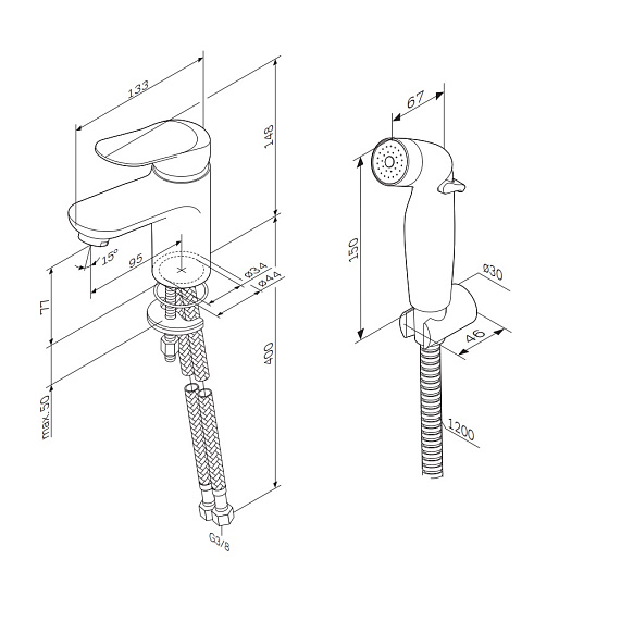 Смеситель для раковины/умывальника AM.PM Sunny с гигиенической лейкой, однорычажный, неповоротный, керамический, длина излива 95 мм, латунь, цвет хром