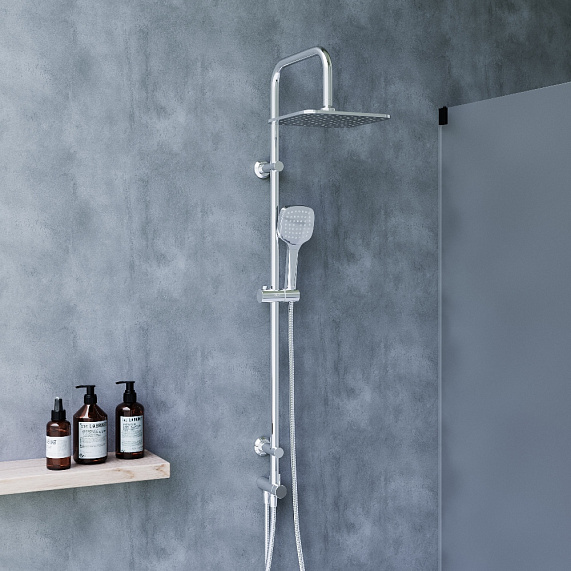 Душевой гарнитур Dorff Norma высота 1010 мм, цвет хром, без смесителя, комплект: тропический душ квадратный (с верхней лейкой)/стойка/лейка/шланг, настенная, латунь/пластик