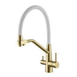 Смеситель для кухни/мойки Splenka S71.62.03 с подключением фильтра, однорычажный, поворотный/гибкий, керамический, излив 238 мм, высота излива 191 мм нержавеющая сталь/силикон, цвет золотой сатин/белый