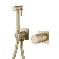 Смеситель с гигиеническим душем ABBER Rund, встраиваемый, вентильный, прогрессивный, без излива, с гибким шлангом/лейкой, латунь, цвет золото матовое