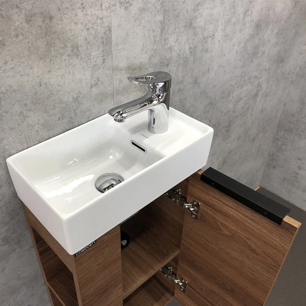Тумба с раковиной Comforty Матэ 40, 40х70х22 см, подвесная, 1 распашная дверца, ЛДСП, прямоугольная, цвет- дуб темно-коричневый/раковина CREA 40, прямоугольная, цвет белый, встраиваемая
