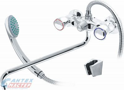 Смеситель для ванны/душа Варион VarioFin Сайма двухвентильный, керамический, настенный, излив поворотный 300 мм, с гибким шлангом, душем/лейкой, латунь хром, длинный, универсальный, горизонтальный, вентильный, кран, комплект, сантехника, размер