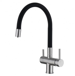 Смеситель для кухни/мойки EMAR, однорычажный, керамический картридж, высокий, с поворотным гибким изливом, длина излива 217 мм, нержавеющая сталь, цвет сатин