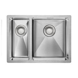 Мойка кухонная Paulmark ANNEX R, 59х44х20 см, две чаши, врезная, нержавеющая сталь, прямоугольная, цвет брашированная сталь, без отверстия под смеситель, без крыла, слив-перелив, врезная в столещницу, для кухни
