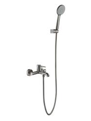 Смеситель для ванны/душа Aquatek Европа однорычажный, керамический, настенный, излив фиксированный 196 мм, с гибким шлангом, душем/лейкой, латунь, цвет оружейная сталь