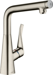 Смеситель для кухни/мойки Hansgrohe Metris M71 320, однорычажный, поворотный, керамический, с высоким L-образным изливом, высота излива 30,7 см, латунь, покрытие хром, цвет сталь, на мойку