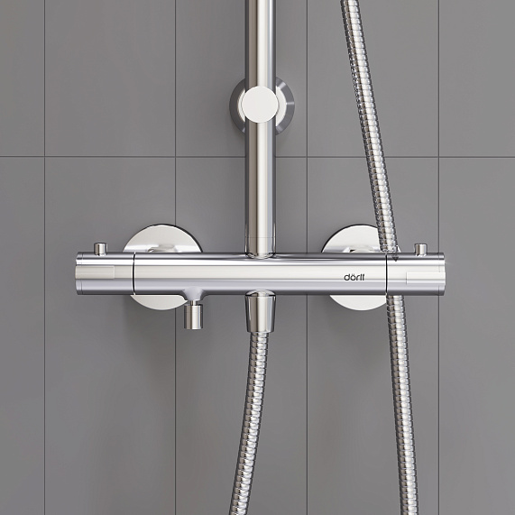 Душевая система Dorff Futura, высота 810-1130 мм, цвет хром, комплект: термостатический смеситель/излив/тропический душ (с верхней лейкой)/стойка/лейка/шланг, латунь/пластик/нержавеющая сталь