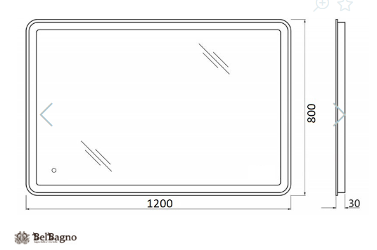 Зеркало BelBagno 120х80 см, с LED/ЛЕД-подсветкой, прямоугольное, без антизапотевания, выключатель сенсорный, для ванны, навесное/подвесное/настенное