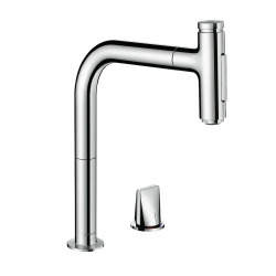 Смеситель для кухни/мойки Hansgrohe Metris Select M71, 200 sBox 2jet, на 2 отверстия, однорычажный, керамический, с поворотным/вытяжным изливом, длина 23,5 см, латунь, цвет хром