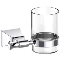 Стакан Art&Max Genova, с держателем, настенный, латунь/стекло, форма округлая, для зубных щеток в ванную/туалет/душевую кабину, цвет хром, к стене