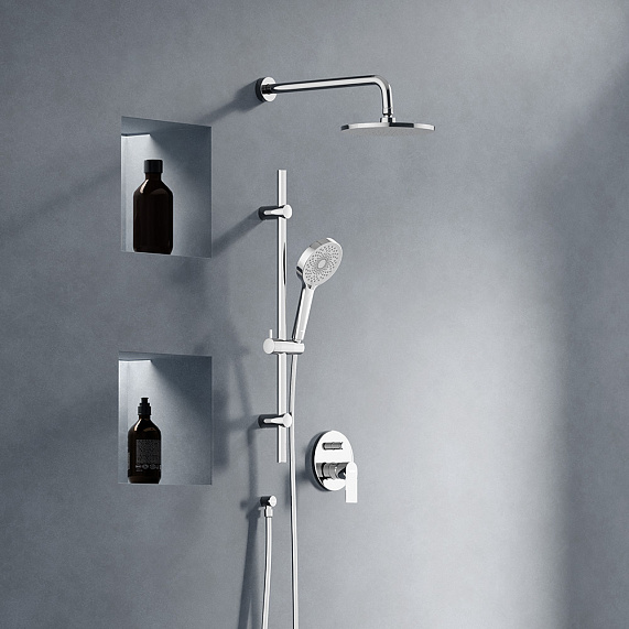 Душевая система Damixa Apollo встраиваемая, цвет хром, комплект: смеситель/тропический душ круглый (с верхней лейкой)/лейка/шланг/штанга, латунь/ABS-пластик/ПВХ, скрытого монтажа 