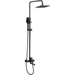 Душевая система SHEVANIK, высота 1480 мм, цвет черный матовый, комплект: однорычажный смеситель с изливом/тропический душ (с верхней лейкой)/стойка/лейка/шланг, наружного монтажа