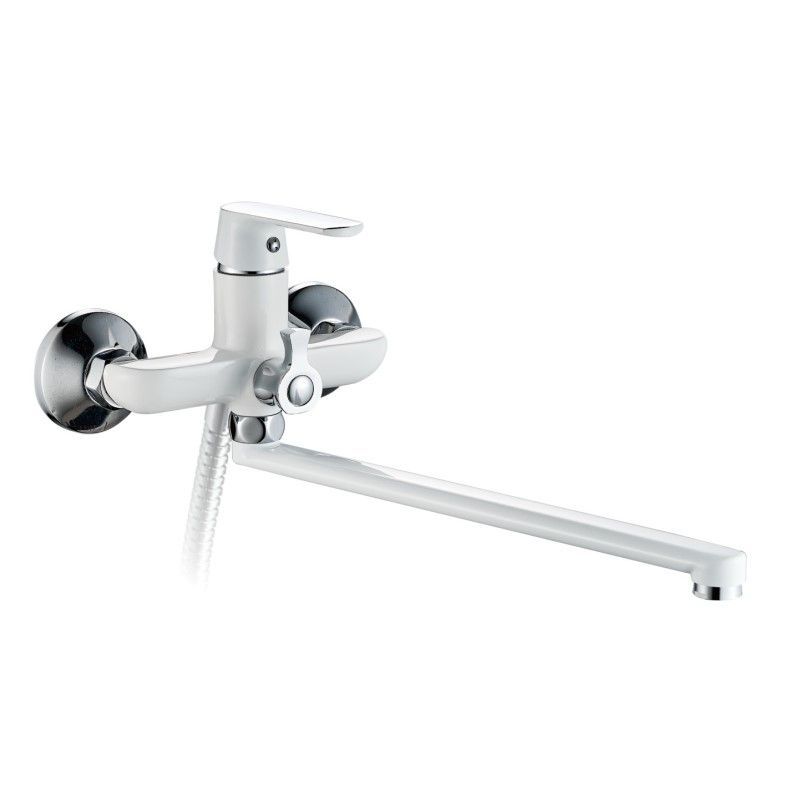 Смеситель для ванны/душа HAIBA однозахватный, хромированный, настенный, излив длинный 320 мм, поворотный, латунь, цвет белый