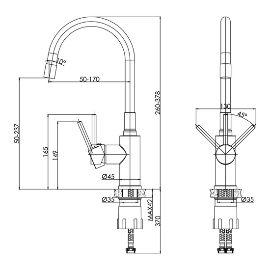 Смеситель для кухни/мойки Cersanit Melar однорычажный, поворотный/гибкий излив, керамический, высота 237 мм, длина 220 мм, нержавеющая сталь/силикон, цвет хром/черный