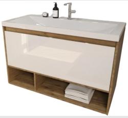 Тумба с раковиной Эстет Monaco Wood 100, 998х607х476 мм, подвесная, 1 выдвижной ящик/открытые полки, ЛДСП/МДФ, прямоугольная, цвет: белый/дуб рустикальный/раковина Монако 100, прямоугольная, цвет белый