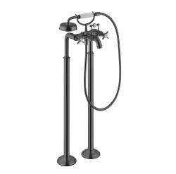 Смеситель для ванны Axor Montreux напольный, двухвентильный, с крестообразными рукоятками, неповоротный, латунный, длина излива 23,4 см, керамический, цвет шлифованный черный хром, с душевым шлангом/держателем/лейкой