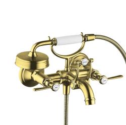 Смеситель для ванны Axor Montreux, двухвентильный, с рычаговыми рукоятками, настенный, наружнего/внешнего монтажа, неповоротный, латунный, длина излива 22,4 см, керамический, цвет шлифованное золото, с душевым шлангом/лейкой/держателем для душа
