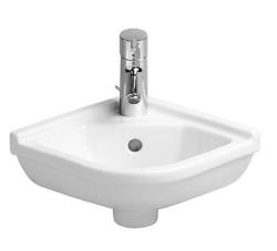 Раковина DURAVIT Starck 3 WonderGliss 43х38х16 см, подвесная, квадратная/угловая, санфарфор, цвет белый, 1 отверстие под смеситель, антигрязевое покрытие, слив/перелив