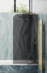 Душевая шторка на ванну MaybahGlass, 140х99 см, графитовое матовое стекло/профиль золото, поворотная, закаленное стекло 6 мм, плоская/панель, правая/левая, правосторонняя/левосторонняя, универсальная
