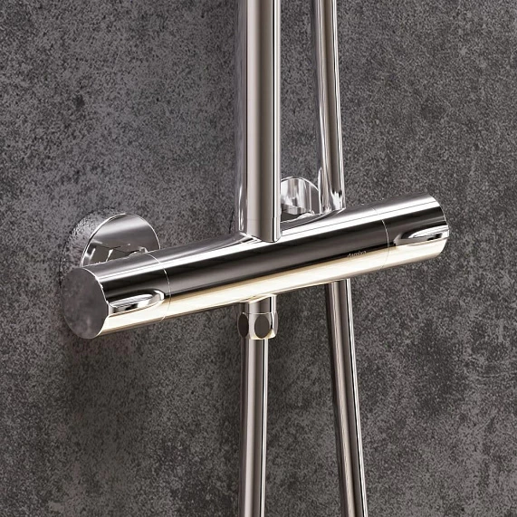 Душевая система Damixa Scandinavian Pure, высота 1050-1450 мм, цвет хром, комплект: термостатический смеситель/тропический душ круглый (с верхней лейкой)/стойка/лейка/шланг, латунь/пластик