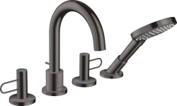 Смеситель для ванны Axor Uno на борт ванны двухвентильный, с рукояткой-петлей, поворотный, латунный, длина излива 17,5 см, керамический, цвет шлифованный черный хром, с душевым шлангом/лейкой, на 4 отверстия