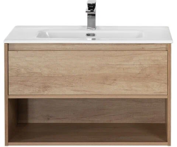 Тумба под раковину BelBagno Kraf 90, 90х46х53 см, подвесная, 1 выкатной ящик/1 открытая полка, ЛДСП, цвет: светлое дерево, шкафчик навесной, механизм доводчика, прямоугольная