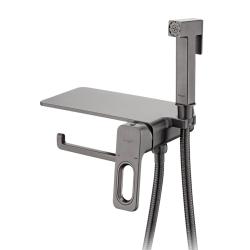 Смеситель с гигиеническим душем Raglo R51.55.09 встраиваемый, однорычажный, керамический, с полкой и бумагодержателем, без излива, с гибким шлангом/лейкой, латунь, цвет графит