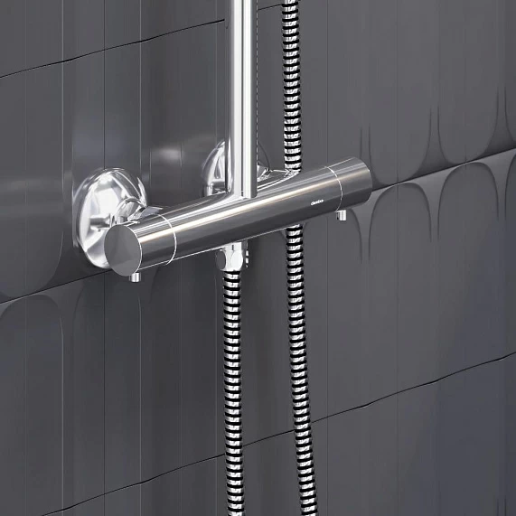 Душевая система Damixa Jupiter, высота 1030-1460 мм, цвет хром, комплект: термостатический смеситель/тропический душ круглый (с верхней лейкой)/стойка/лейка/шланг, латунь/пластик