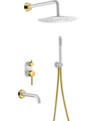 Душевая система Boheme Uno, встраиваемая, цвет белый/золото, комплект: однорычажный, смеситель/излив/тропический душ (с верхней лейкой)/лейка/держатель лейки/шланг, встраиваемый (скрытый) монтаж