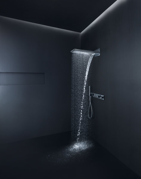 Верхний душ AXOR ShowerSolutions 250/580 3jet, настенный монтаж, прямоугольный, с 3 режимами, размер 58х26 см, металлический, цвет: шлифованная медь, для душа/ванной