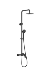 Душевая система Excellent Altar Rain, настенная, 992-1592 мм, цвет черный матовый, комплект: однорычажный смеситель/излив/тропический душ (с верхней лейкой)/лейка/стойка/шланг, латунь, наружного монтажа
