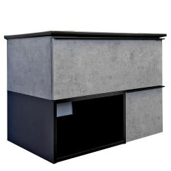 Тумба с раковиной Comforty Франкфурт 75, 75х56х46,5 см, подвесная, 2 выдвижных ящика/открытая полка, ЛДСП, прямоугольная, цвет- светлый бетон/раковина COMFORTY 75E,  прямоугольная, цвет черный матовый, встраиваемая