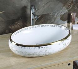 Раковина-чаша для ванной CeramaLux NC 472  59х16х41 накладная, овальная, керамическая/фарфоровая, цвет белый/золото, без отверстия под смеситель, без слива-перелива