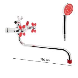 Смеситель для ванны/душа Accoona, настенный, двухвентильный, поворотный, керамический, длина излива 333 мм, цинк, цвет хром/красный