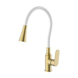 Смеситель для кухни/мойки Splenka S41.43.03 однорычажный, поворотный/гибкий излив, 2 режима поток воды и душ, керамический, высота 146 мм, длина 200 мм, латунь/силикон, цвет золотой сатин/белый