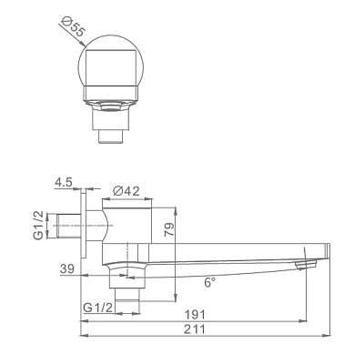 Излив Raglo R473.75.03 с функцией переключения, для ванны, длина 191 мм цвет сатин золотой, латунь, настенный, поворотный