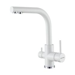 Смеситель для кухни/мойки Paulmark Essen, с подключением к фильтру/биканальный, однорычажный, поворотный излив, керамический картридж, высокий, длина излива 197 мм, латунь, цвет белый матовый