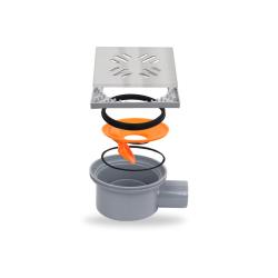 Трап Metaleks низкий с решеткой LINEA 15х15 см, D 50, цвет хром, для душа в полу, с сухим затвором, горизонтальный выпуск, нержавеющая сталь, квадратный